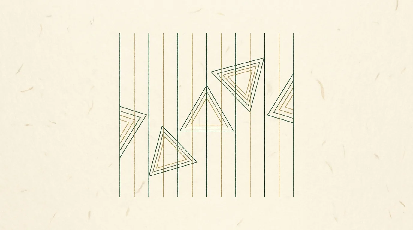 An abstract geometric design with triangles and vertical lines on textured paper, representing creative higher education.