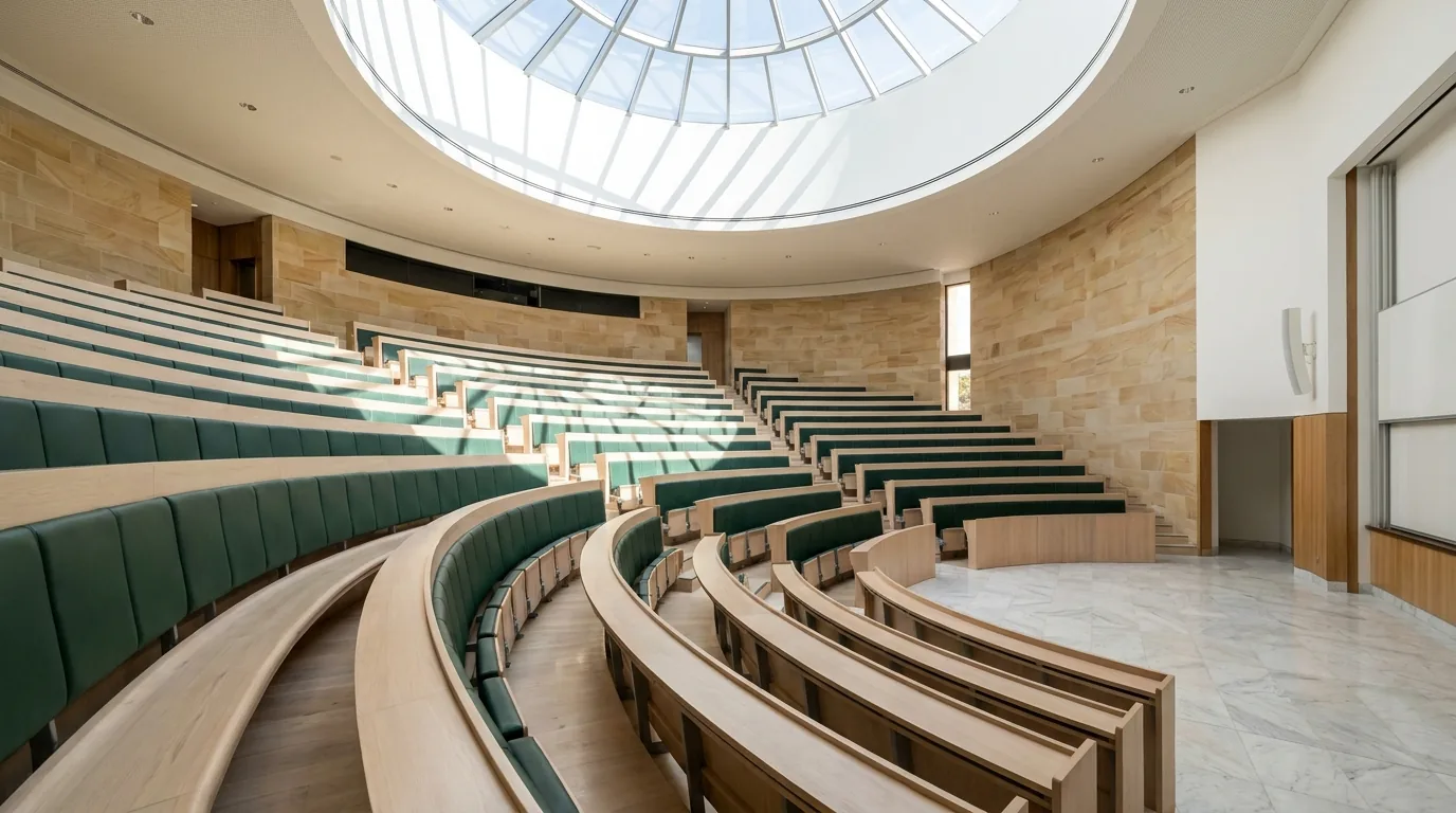 The Amphitheatre - timber lecture-theatre tiers with laurel-green seats under a skylight