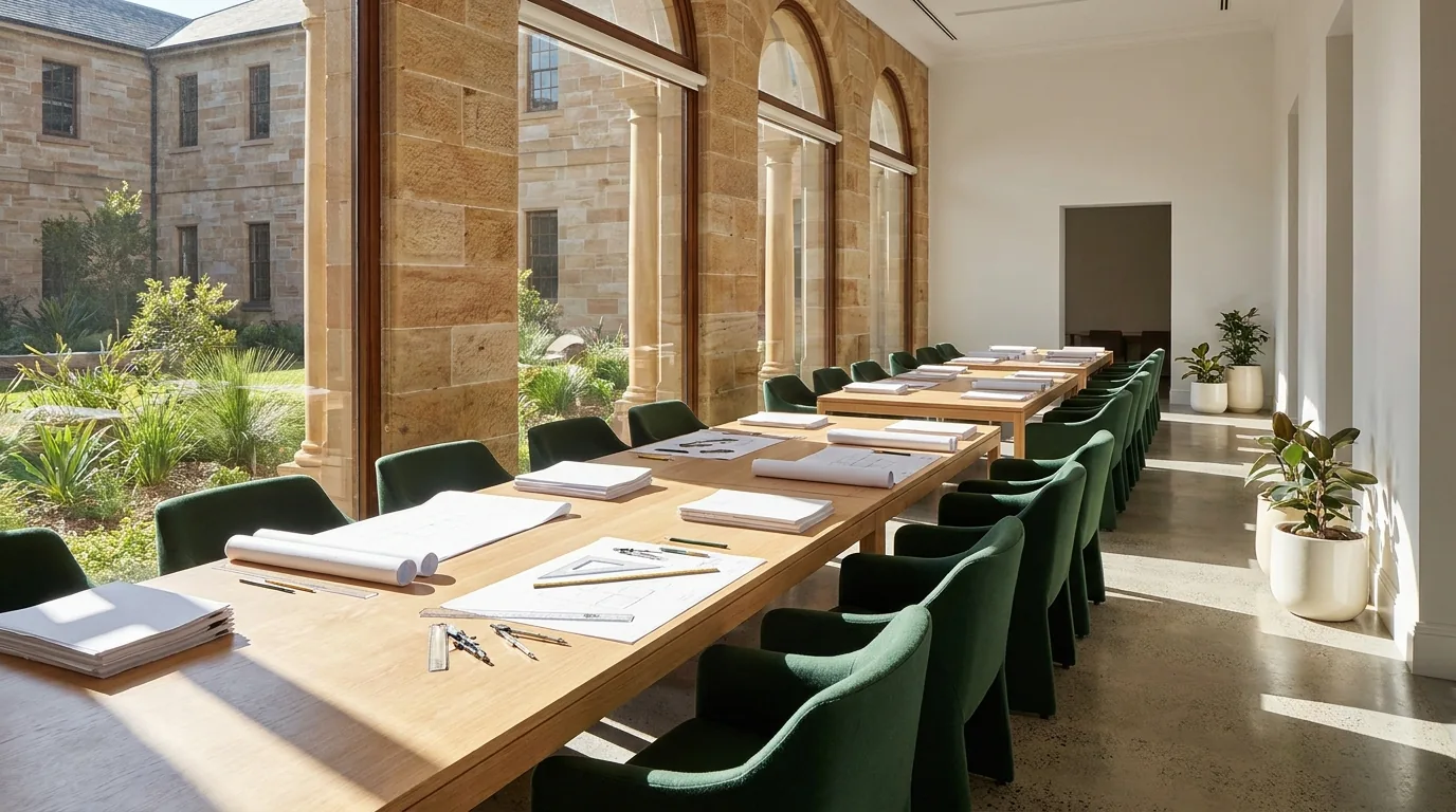 A long wooden table with green chairs sits before large arched windows, showcasing a training environment.